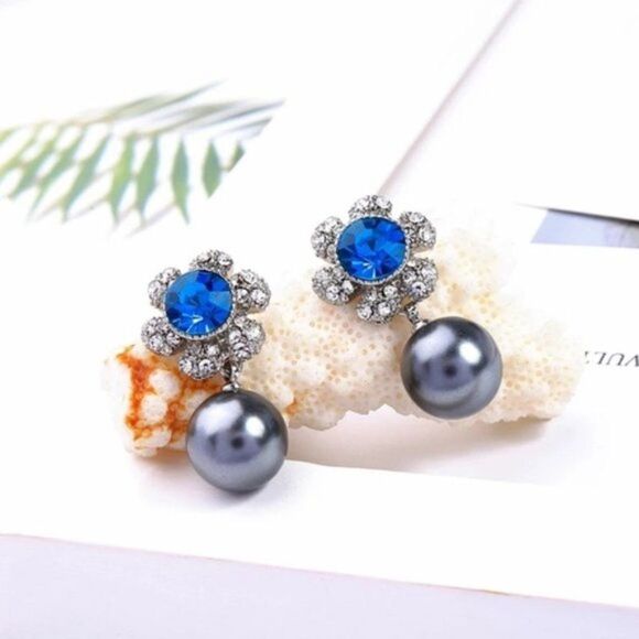 Blue Crystal Flower Pearl Vintage Silver Dangle Statement Earrings - Picture 7 of 12